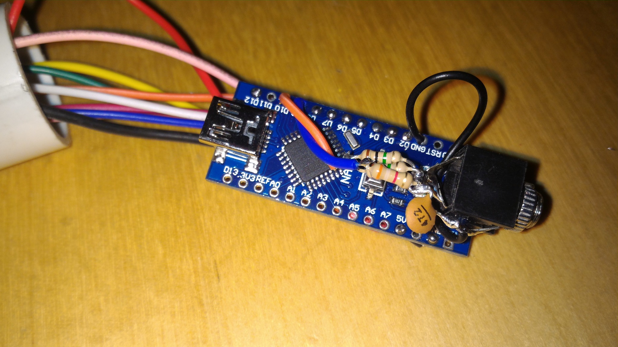 Arduino Nano with compact audio jack sub-assembly